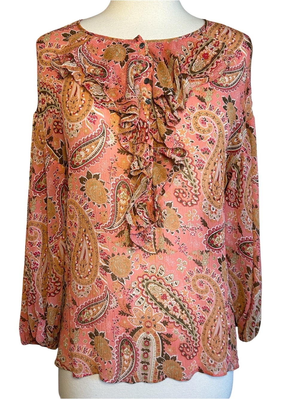 Sundance Boho Pink Paisley 100% Silk Ruffle Front Button Blouse size Small